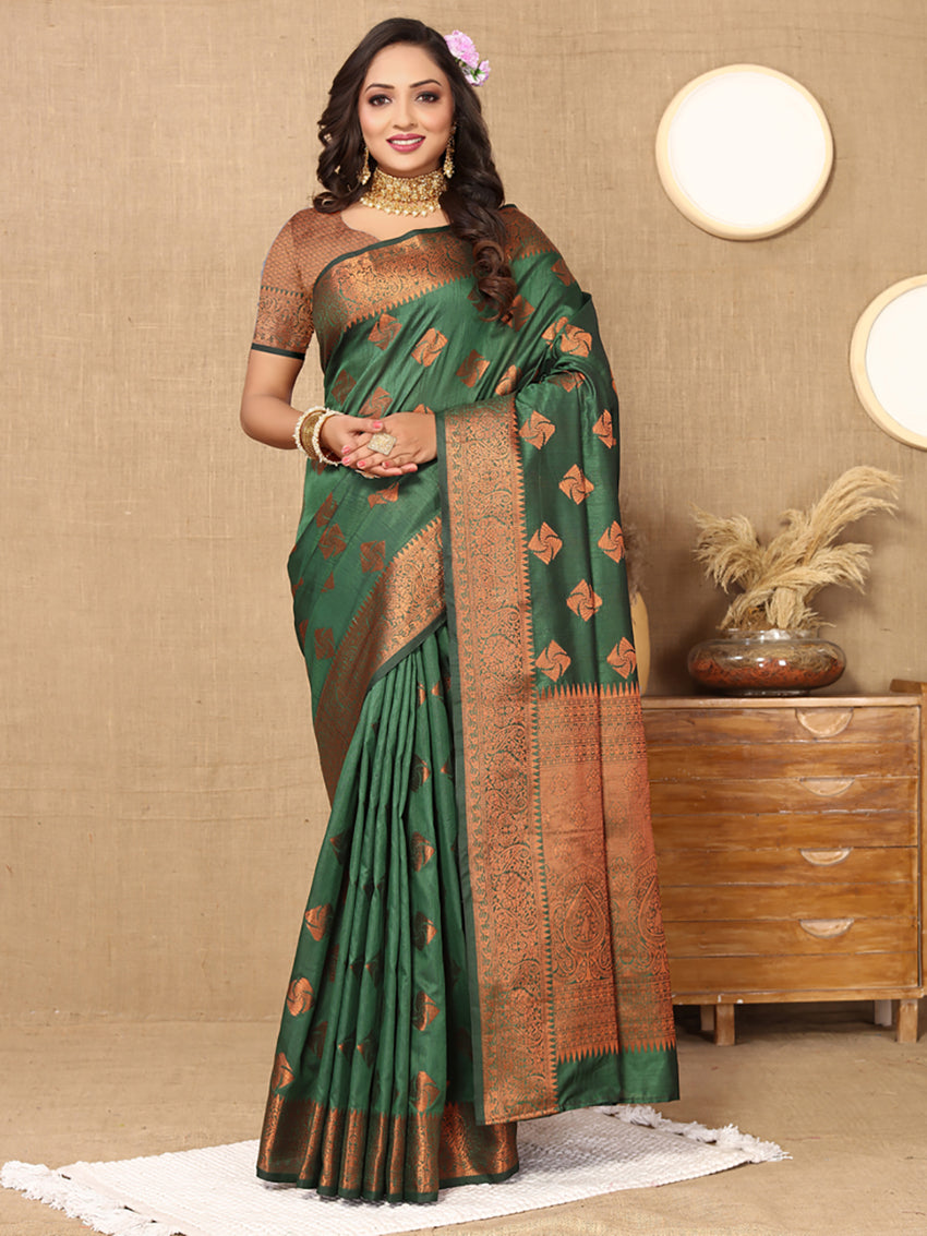 Lorenvalley Fashion Green Soft Katan Silk Woven Design Copper Zari Weaving Saree