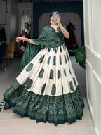 Lorenvalley Green Tussar Silk with Bandhej Print Lehenga Choli