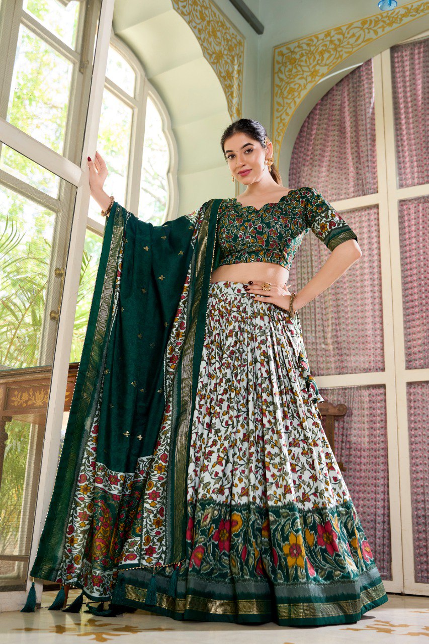 Lorenvalley Green Tussar Silk Floral Print with Foil Print Lehenga Choli with Dupatta