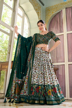 Lorenvalley Green Tussar Silk Floral Print with Foil Print Lehenga Choli with Dupatta