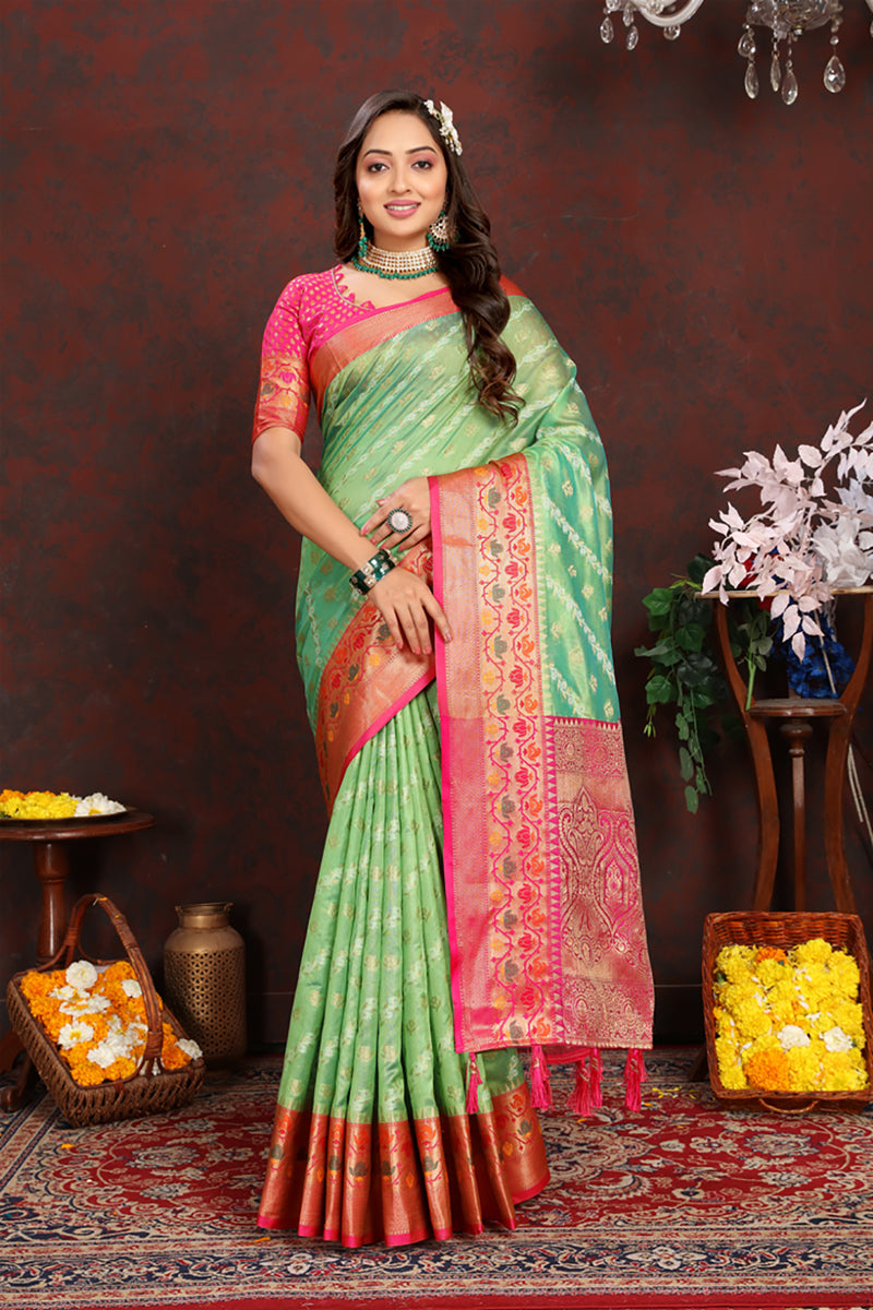 Lorenvalley Fashion Green Organza Silk Woven Design with Rich Meenakari Weaving Pallu Saree