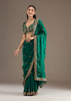 Lorenvalley Fashion Green Fendy Satin with Embroidery Double Sequence Work Saree with Blouse - Distacart