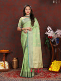 Lorenvalley Fashion Green Soft Katan Silk Woven Design Zari Weaving Pallu Saree