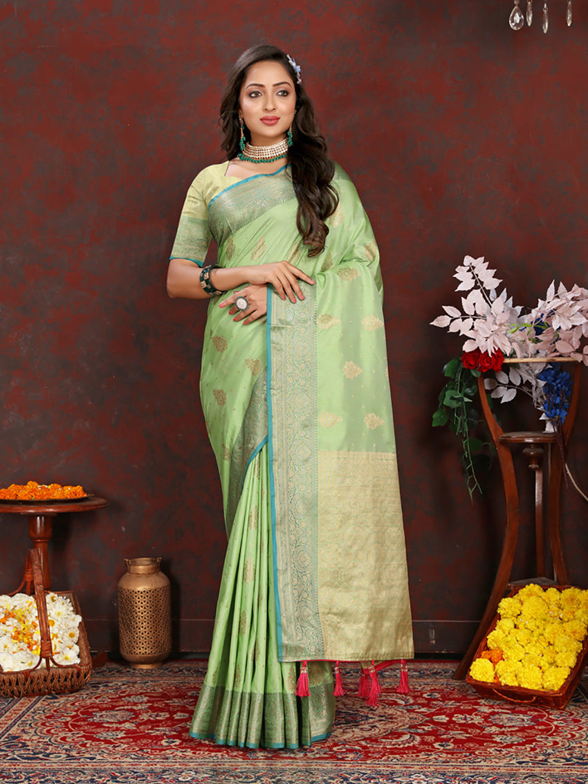 Lorenvalley Fashion Green Soft Katan Silk Woven Design Zari Weaving Pallu Saree