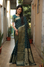 Lorenvalley Premium Pure Handmade Bandhej Kanjivaram silk saree with Zari Weaving Rich Pallu saree - Green