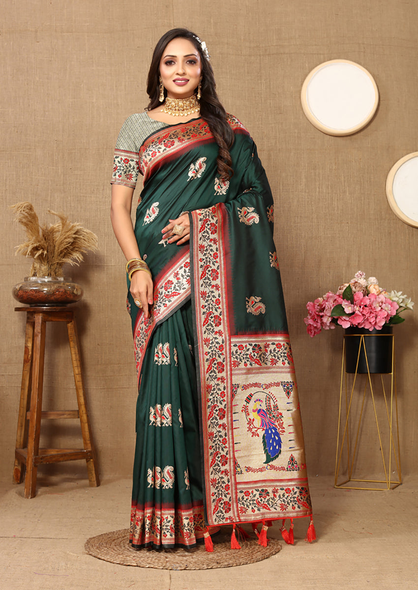 Lorenvalley Fashion Green Soft Paithani Silk Woven Design Rich Meenakari Zari Weaving Pallu Saree