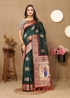 Lorenvalley Fashion Green Soft Paithani Silk Woven Design Rich Meenakari Zari Weaving Pallu Saree