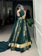 Lorenvalley Rayon and Tussar Silk Green Plain And Printed With Embossed Design Gota Lace Lehenga Choli with Dupatta