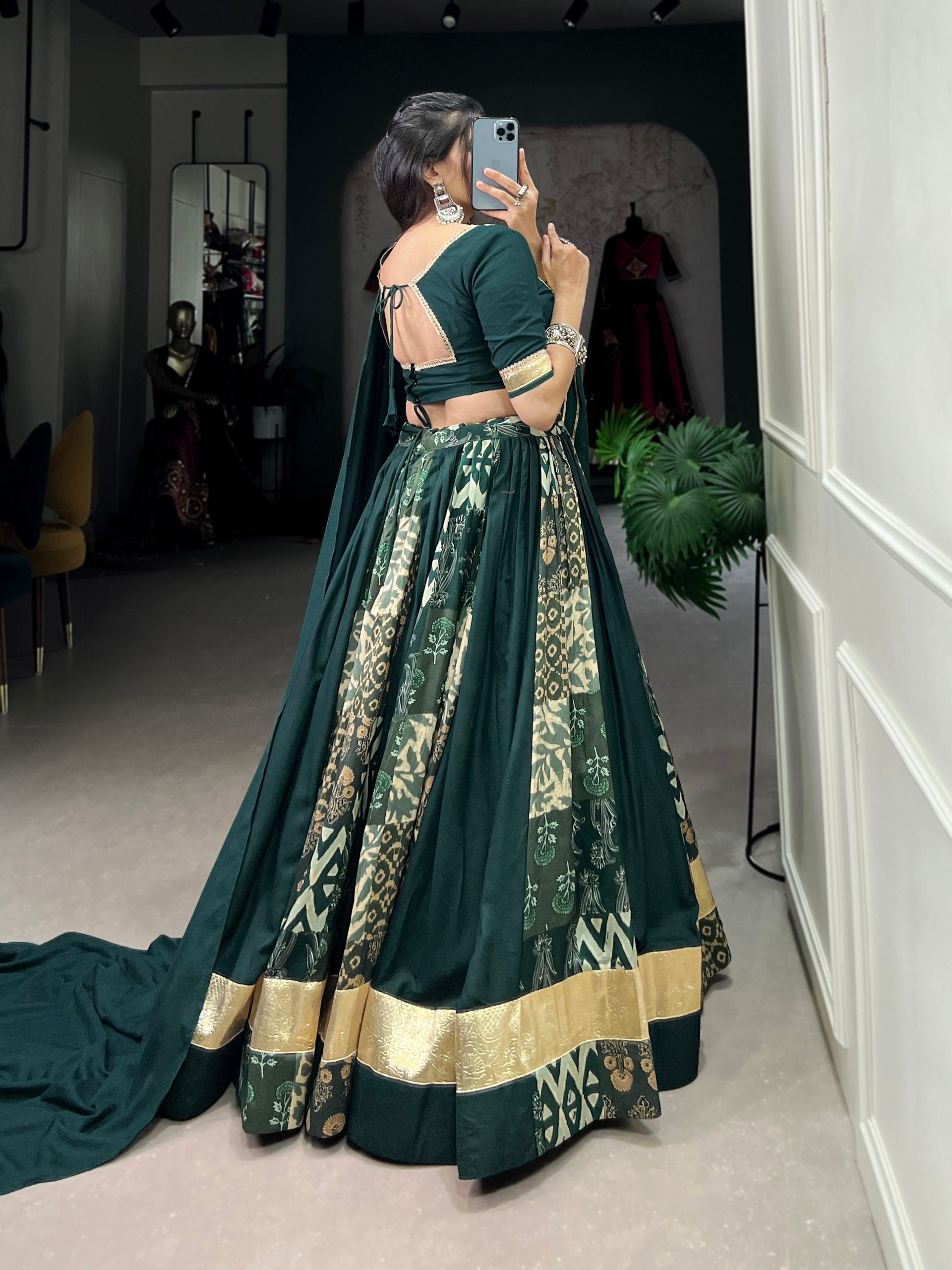Lorenvalley Rayon and Tussar Silk Green Plain And Printed With Embossed Design Gota Lace Lehenga Choli with Dupatta