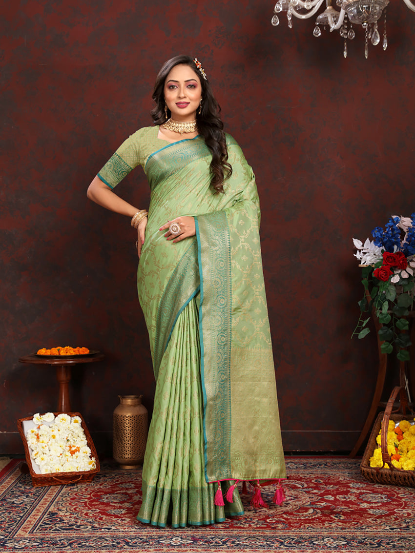 Lorenvalley Fashion Green Soft Katan Silk Woven Design Zari Weaving Pallu Saree