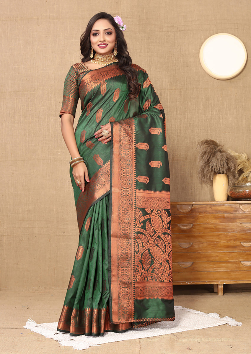 Lorenvalley Fashion Green Soft Katan Silk Woven Design Copper Zari Weaving Saree