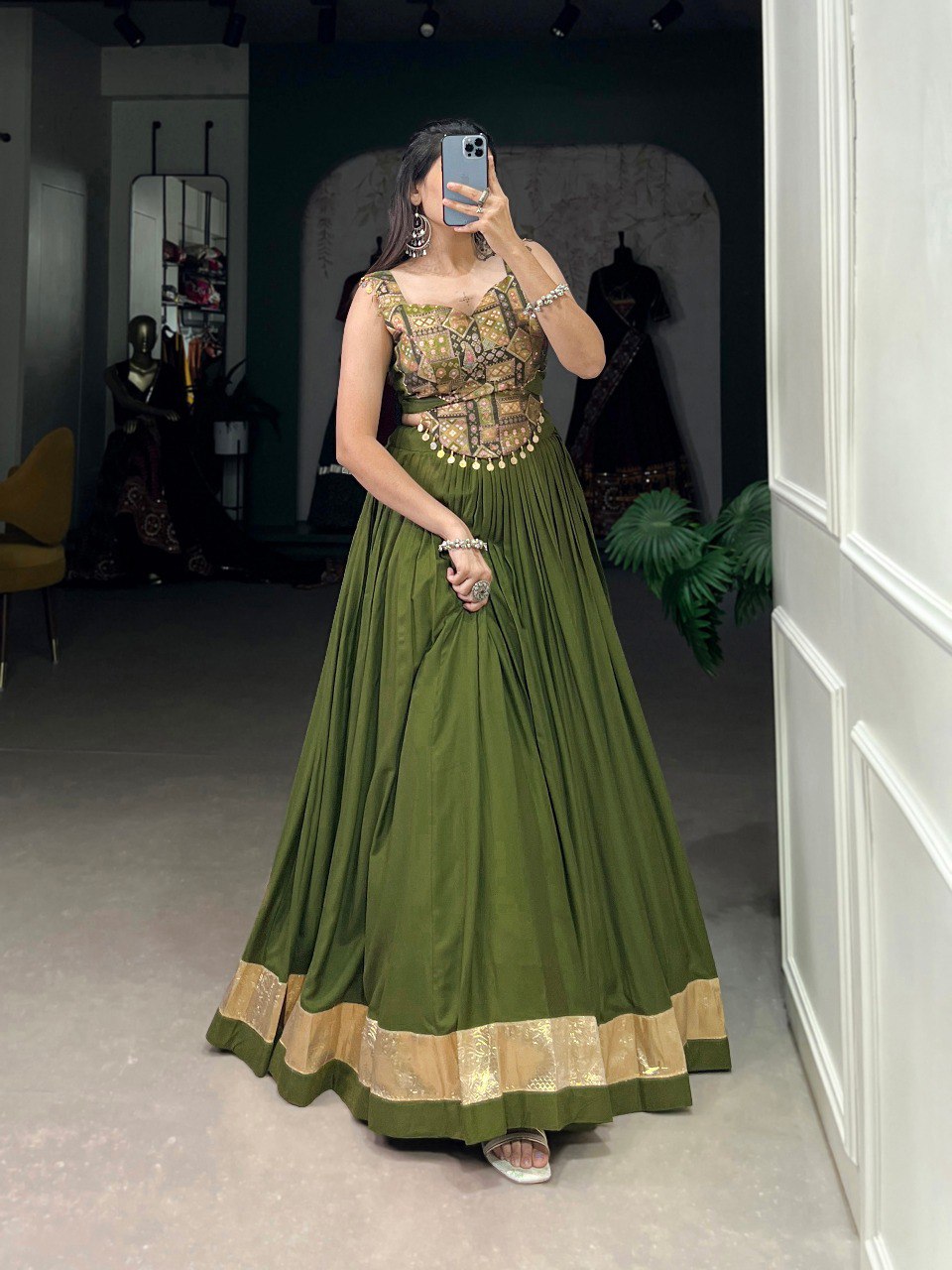 Lorenvalley Pure Rayon Green Plain With Embossed Design Lace Touch Up Lehenga Choli