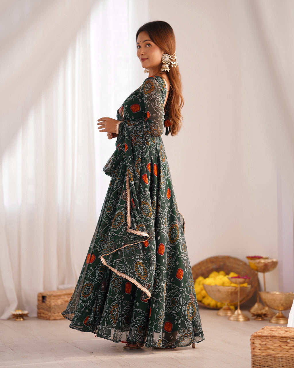 Lorenvalley Women Soft Lightweight Chiffon Bandhej Print Fabric Anarkali Kurta Pant With Dupatta Set