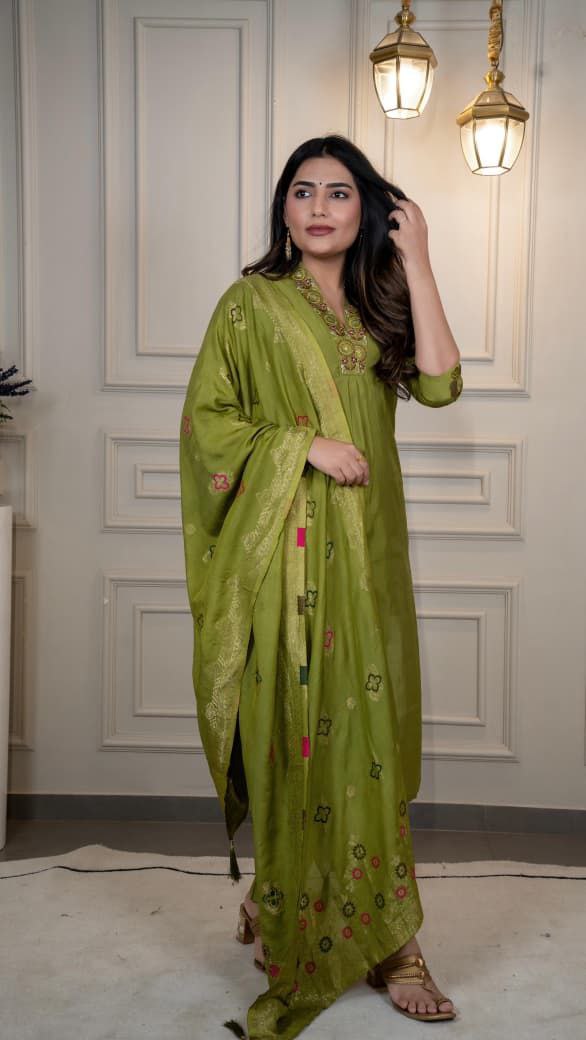 Lorenvalley Fashion Green Roman Silk Embroidery Sequence Work Kurta Pant with Dupatta - Distacart