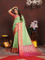 Lorenvalley Fashion Green Organza Silk Woven Design with Rich Meenakari Weaving Pallu Saree