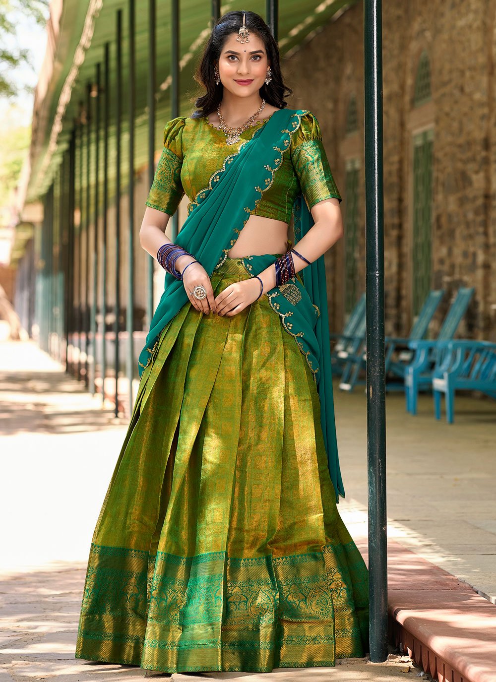Lorenvalley Green Kanjivaram Silk Zari Weaving Lehenga Choli with Dupatta