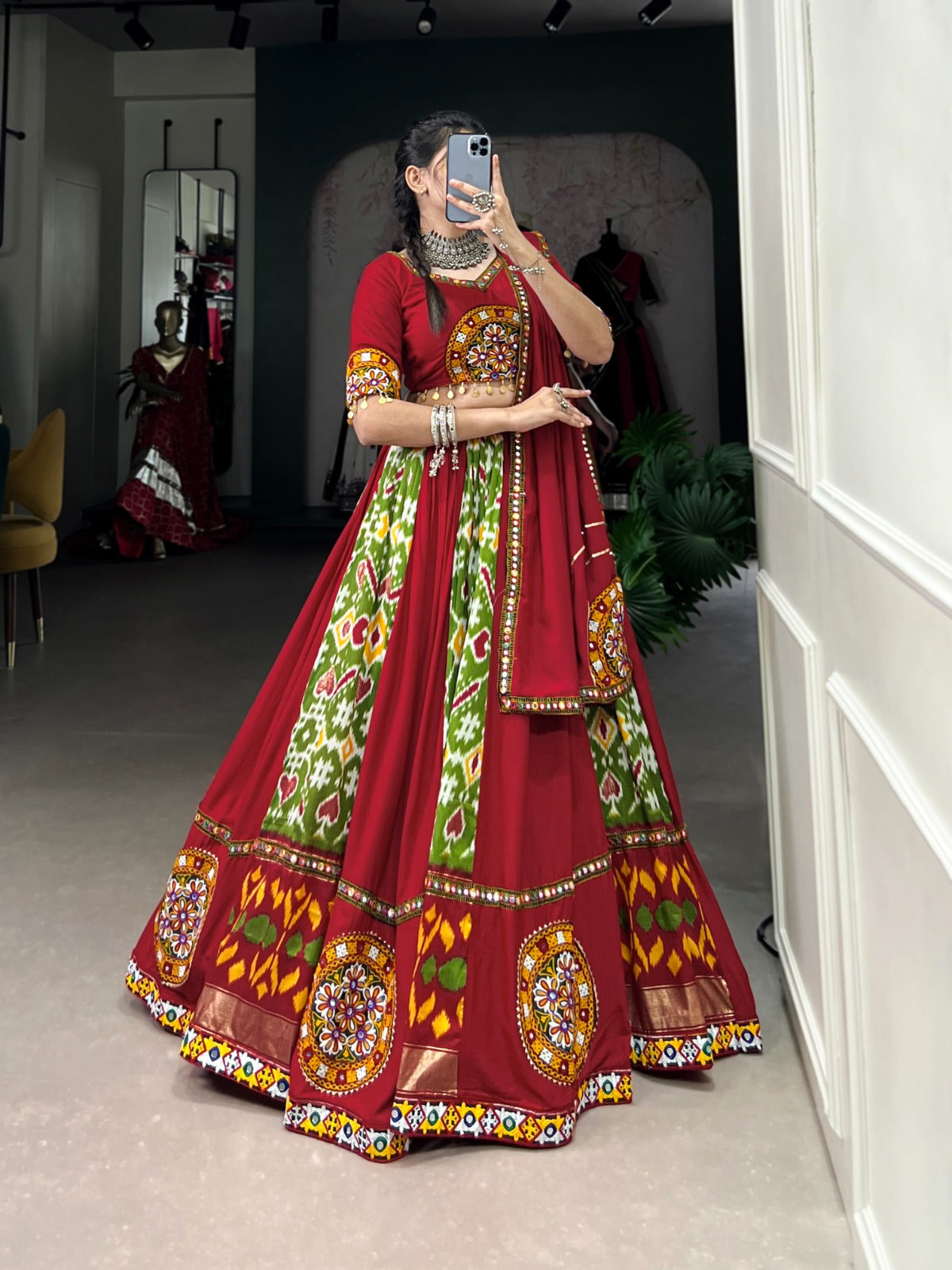 Lorenvalley Green Rayon and Printed Silk with Plain And Printed With Original Mirror Gamthi Work And Gamthi Patch Work Lehenga Choli