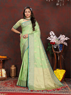 Lorenvalley Fashion Green Soft Katan Silk Woven Design Zari Weaving Pallu Saree