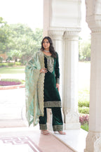 Lorenvalley Fashion Green Velvet with Rich Sequins & Zari Embroidered work Kurta Pant with Dupatta - Distacart