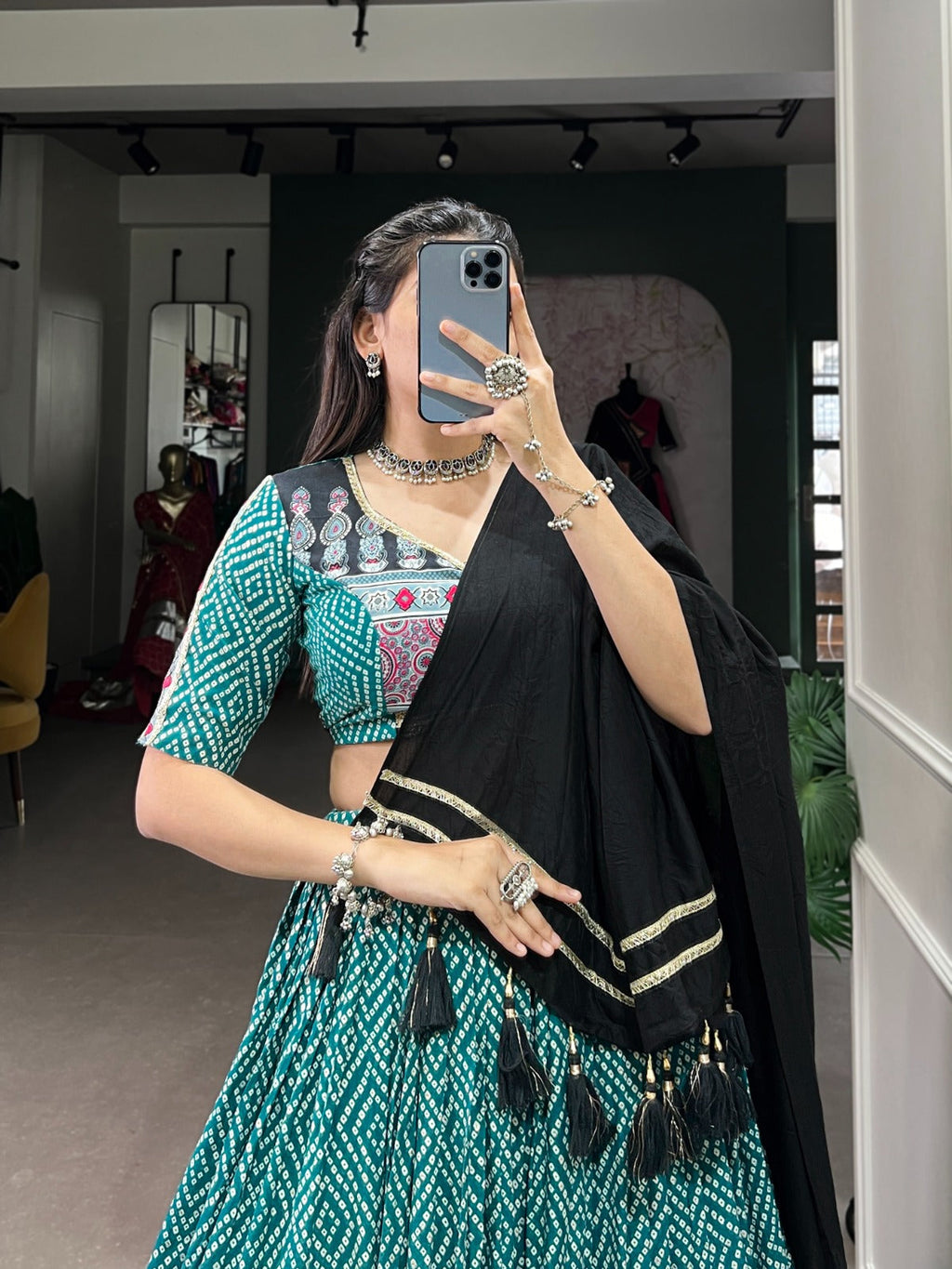 Lorenvalley Green Rayon with Bandhej And Ajarakh Print With Embossed Design Gota Lace Touch up Lehenga Choli