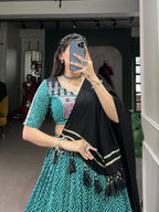 Lorenvalley Green Rayon with Bandhej And Ajarakh Print With Embossed Design Gota Lace Touch up Lehenga Choli