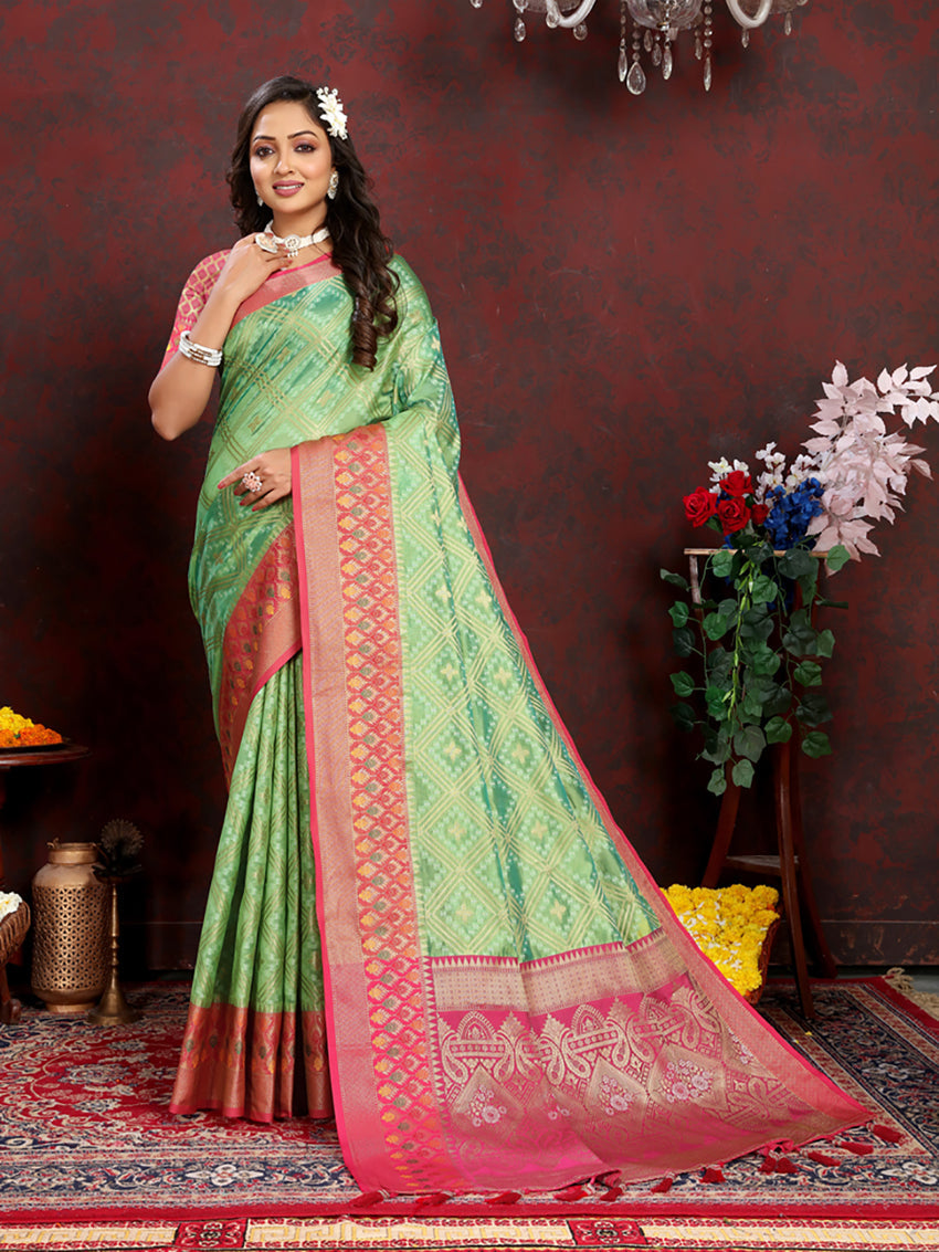 Lorenvalley Fashion Green Organza Silk Woven Design with Rich Meenakari Weaving Pallu Saree