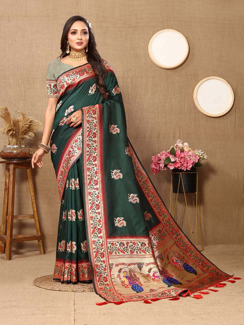 Lorenvalley Fashion Green Soft Paithani Silk Woven Design Rich Meenakari Zari Weaving Pallu Saree