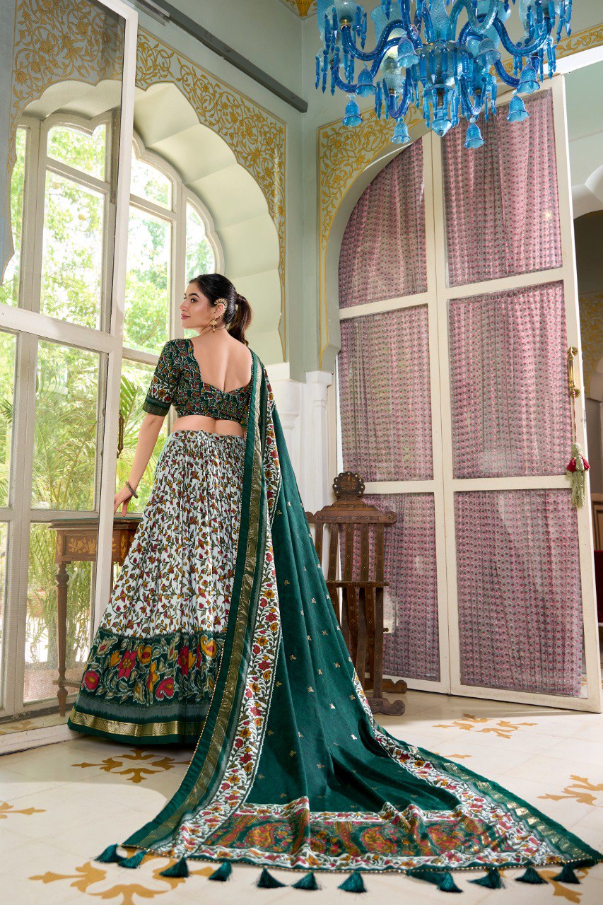 Lorenvalley Green Tussar Silk Floral Print with Foil Print Lehenga Choli with Dupatta