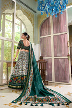 Lorenvalley Green Tussar Silk Floral Print with Foil Print Lehenga Choli with Dupatta