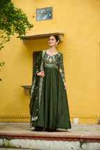 Lorenvalley Fashion Green Vichitra Silk with Multi Thread & Embroidered work Anarkali Gown with Dupatta - Distacart