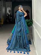 Lorenvalley Green Tussar Silk Bandhej And Ajarakh Print Lehenga Choli with Dupatta