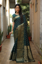 Lorenvalley Premium Pure Handmade Bandhej Kanjivaram silk saree with Zari Weaving Rich Pallu saree - Green