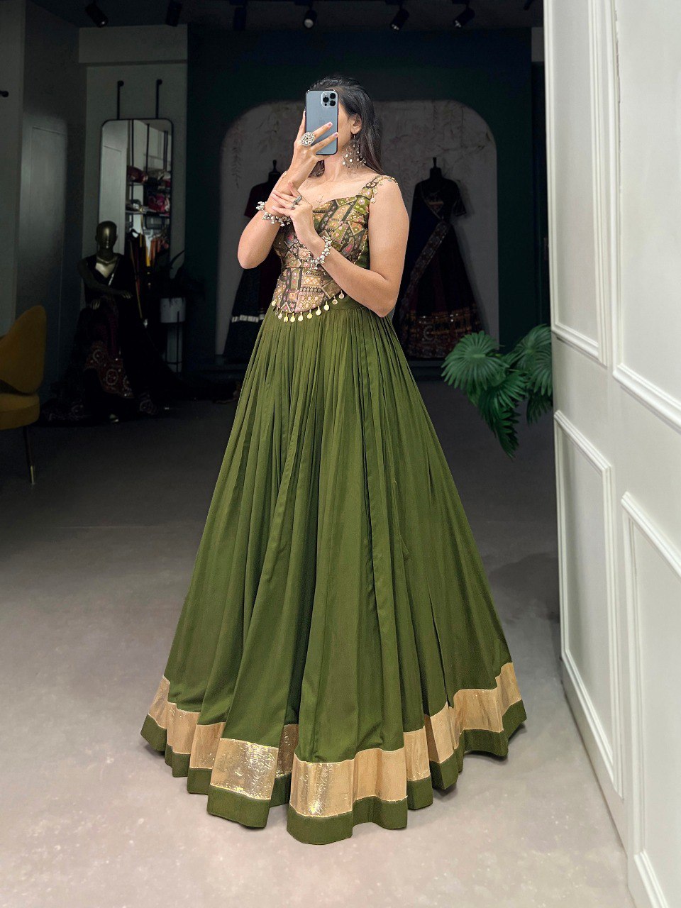 Lorenvalley Green Pure Rayon Plain With Embossed Design Lace Touch Up Lehenga Choli