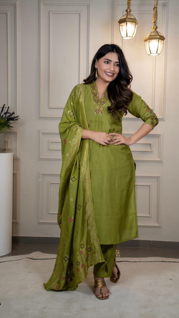 Lorenvalley Fashion Green Roman Silk Embroidery Sequence Work Kurta Pant with Dupatta - Distacart