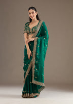 Lorenvalley Fashion Green Fendy Satin with Embroidery Double Sequence Work Saree with Blouse - Distacart