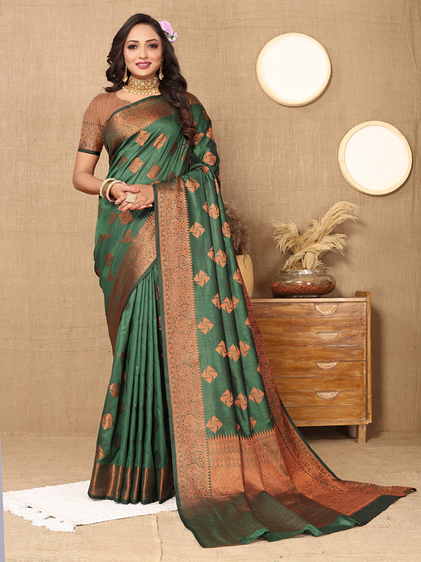 Lorenvalley Fashion Green Soft Katan Silk Woven Design Copper Zari Weaving Saree
