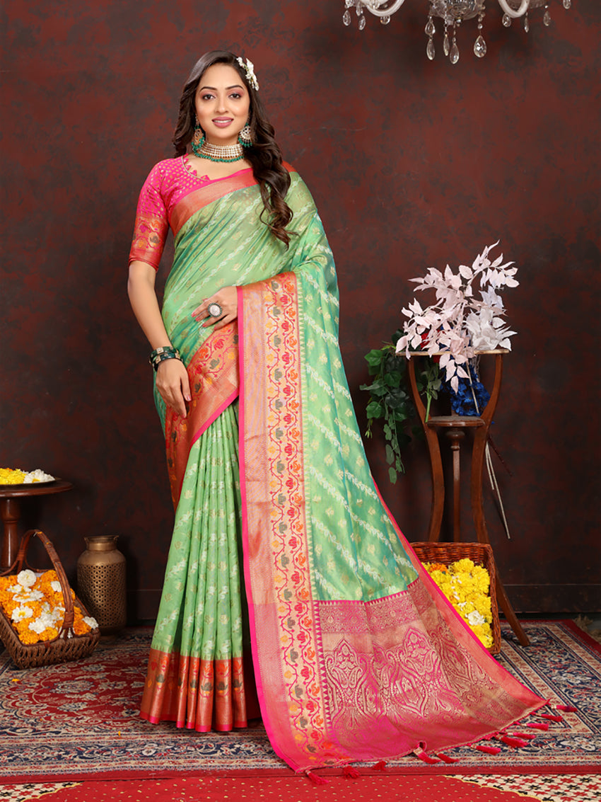 Lorenvalley Fashion Green Organza Silk Woven Design with Rich Meenakari Weaving Pallu Saree