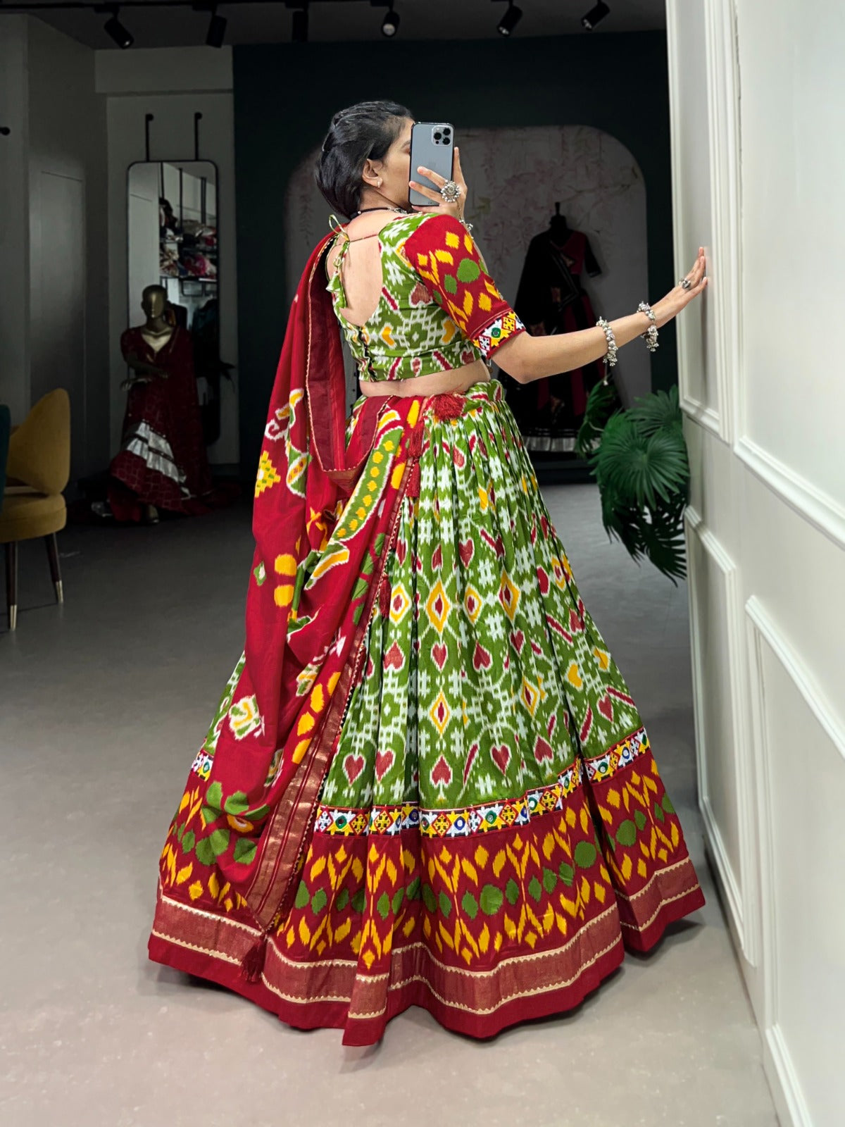 Lorenvalley Green Tussar Silk Patola Print With Foil Work And Original Mirror Gamthi Lace Lehenga Choli with Dupatta