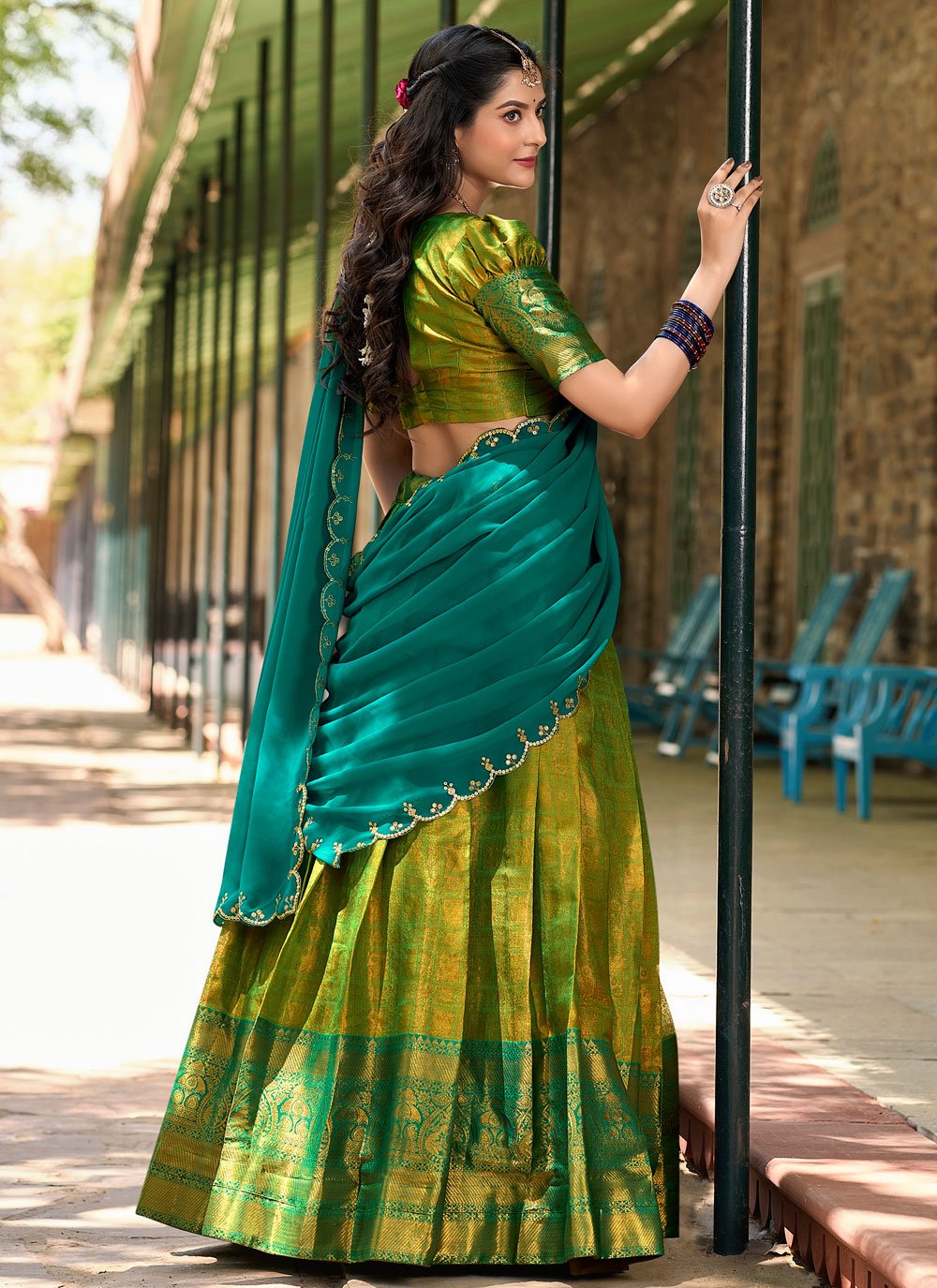 Lorenvalley Green Kanjivaram Silk Zari Weaving Lehenga Choli with Dupatta
