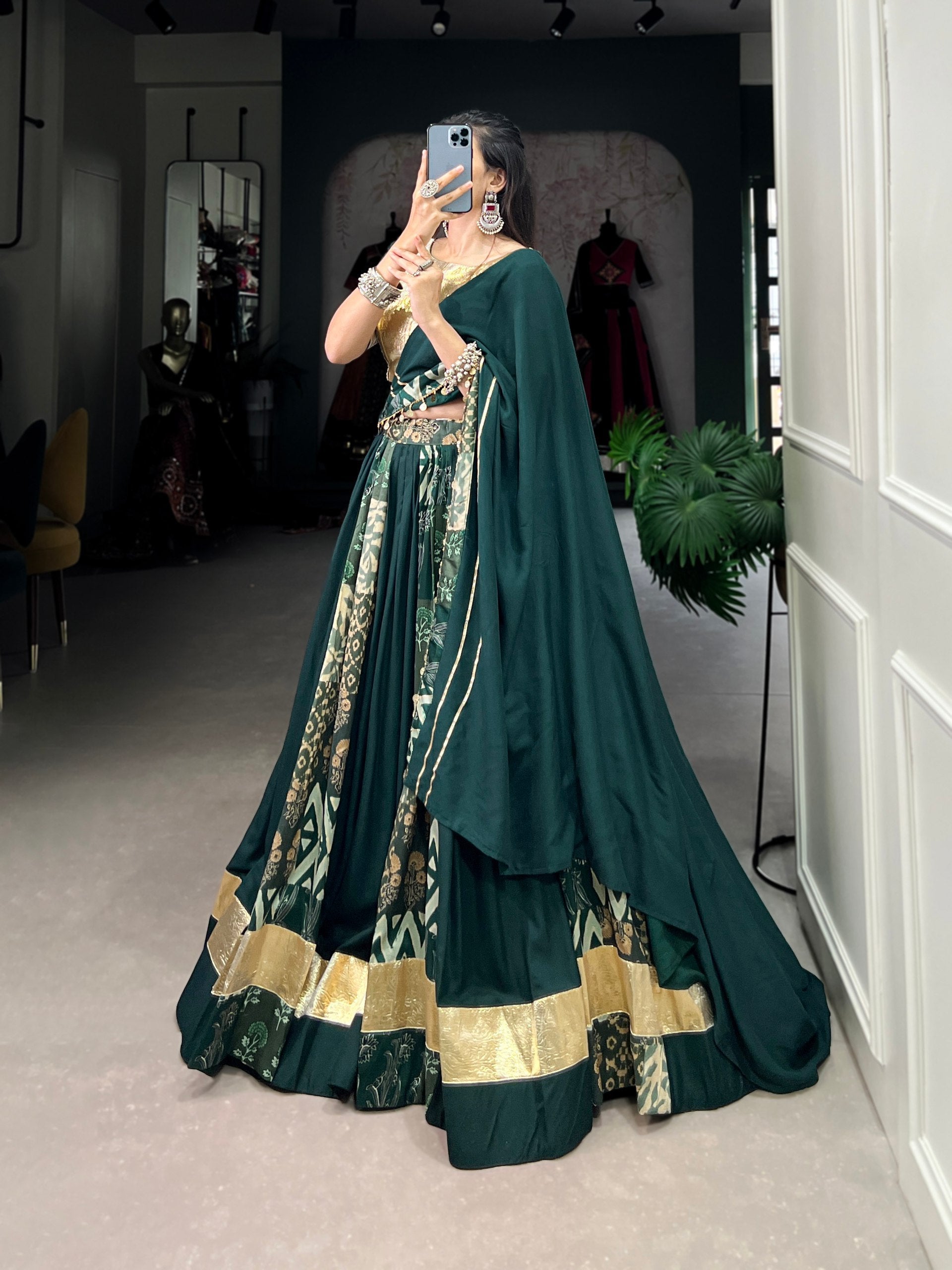 Lorenvalley Green Rayon and Tussar Silk Plain And Printed With Embossed Design Gota Lace Lehenga Choli with Dupatta