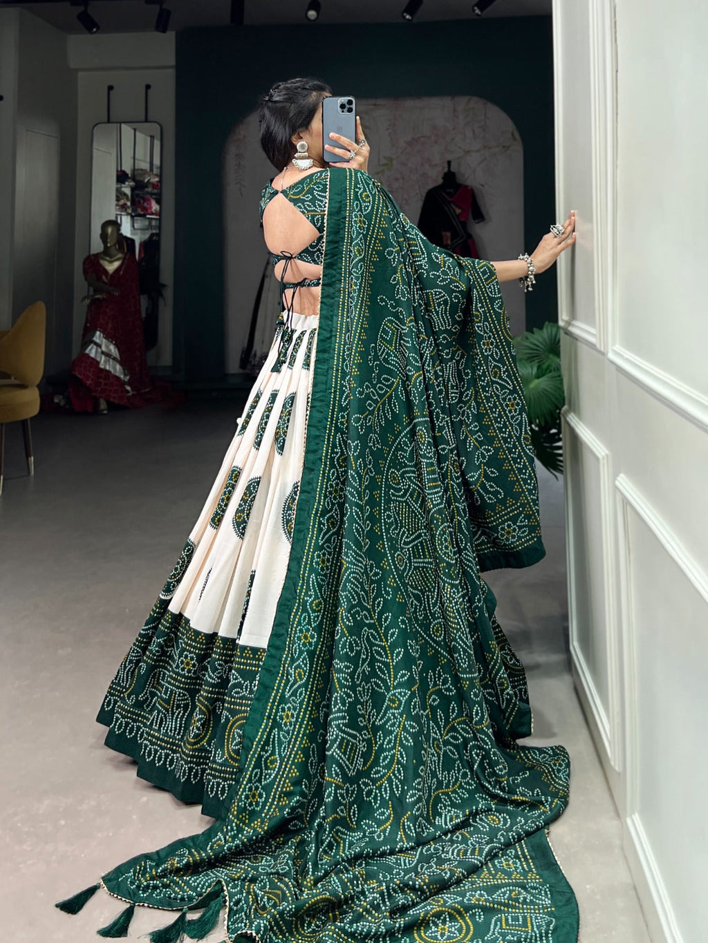 Lorenvalley Green Tussar Silk with Bandhej Print Lehenga Choli