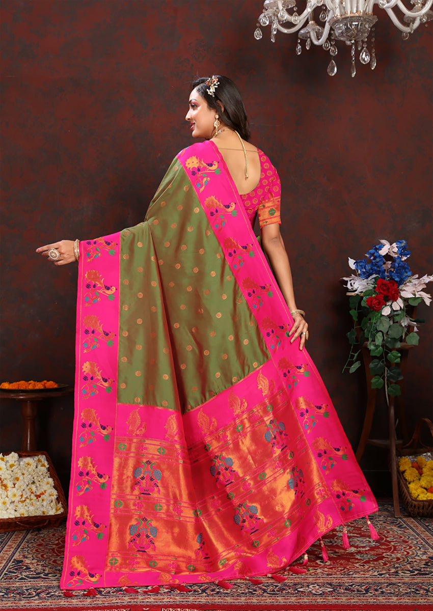 Lorenvalley Fashion Green Soft Paithani Silk Woven Design Rich Zari Meenakari Weaving Saree