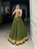 Lorenvalley Pure Rayon Green Plain With Embossed Design Lace Touch Up Lehenga Choli