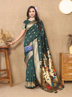 Lorenvalley Fashion Green Soft Paithani Silk Woven Design Rich Zari Meenakari Weaving Saree