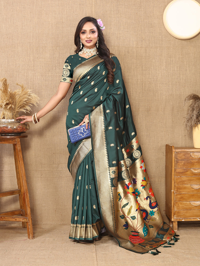 Lorenvalley Fashion Green Soft Paithani Silk Woven Design Rich Zari Meenakari Weaving Saree