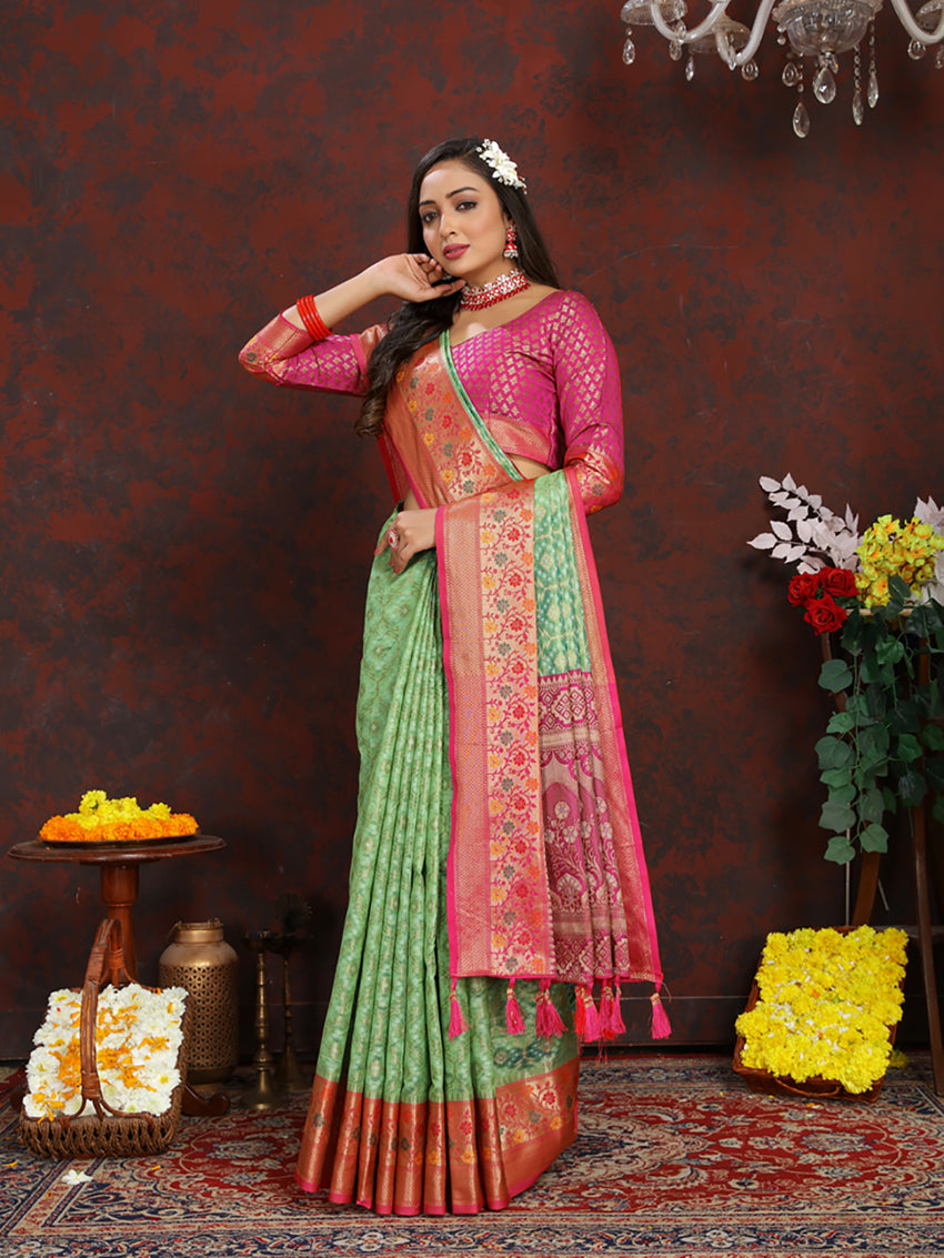 Lorenvalley Fashion Green Organza Silk Woven Design with Rich Meenakari Weaving Pallu Saree