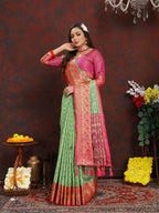 Lorenvalley Fashion Green Organza Silk Woven Design with Rich Meenakari Weaving Pallu Saree
