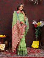 Lorenvalley Fashion Green Soft Katan Silk Woven Design Zari Weaving Pallu Saree