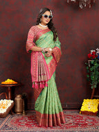 Lorenvalley Fashion Green Organza Silk Woven Design with Rich Meenakari Weaving Pallu Saree