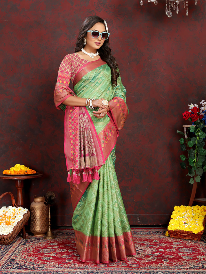 Lorenvalley Fashion Green Organza Silk Woven Design with Rich Meenakari Weaving Pallu Saree
